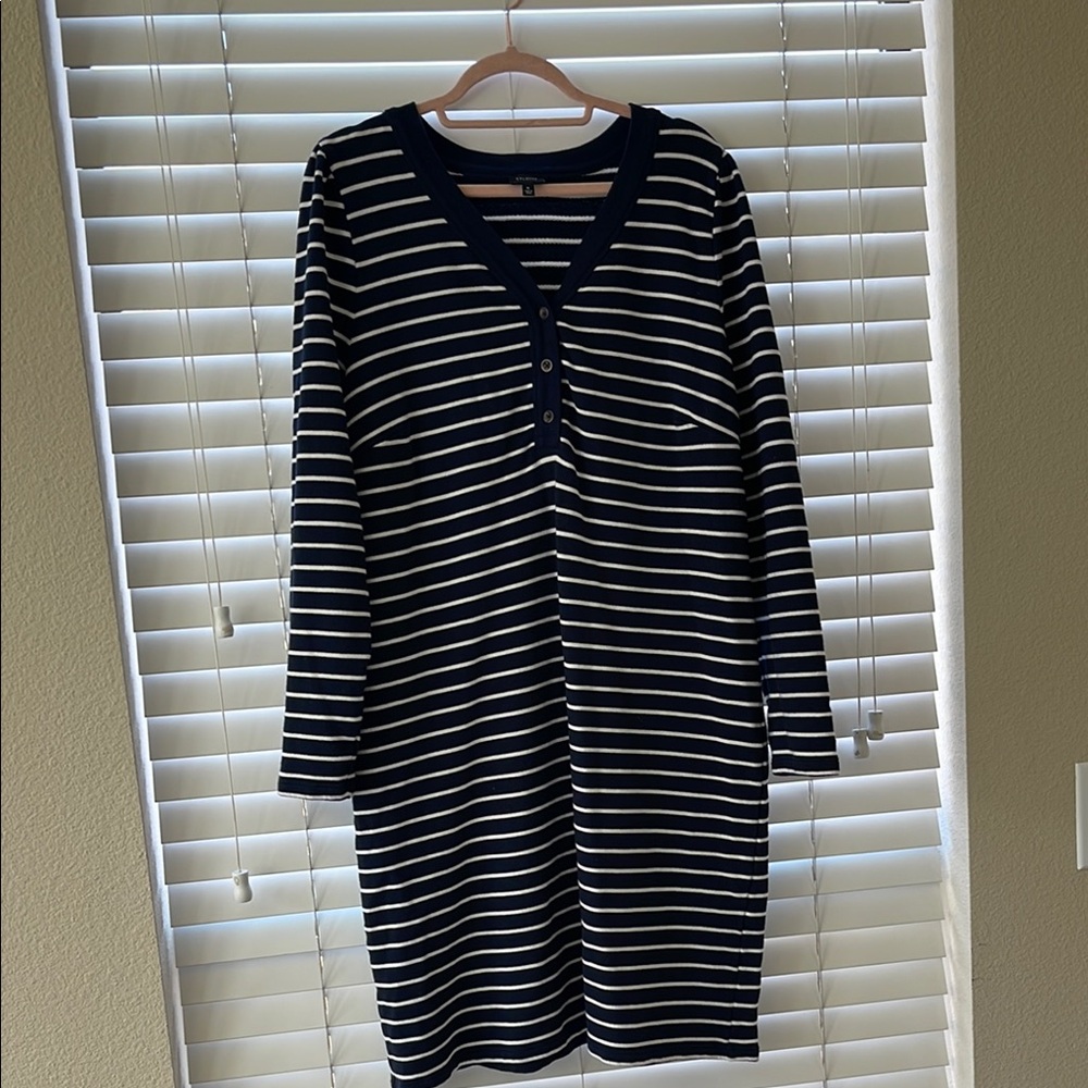 Talbots Navy Blue and White Striped Long Sleeve Dress